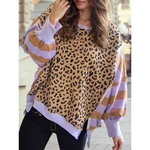 Women’s Leopard Print Oversized Sweater – Lavender Stripe Sleeve Knit